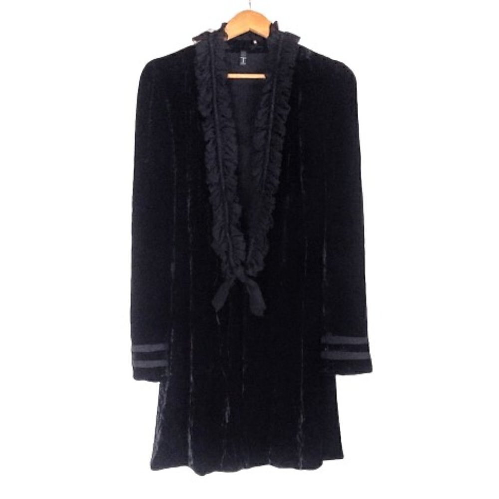 Tahari Black Silk Velvet Chiffon Ruffle Long Tie Front Jacket